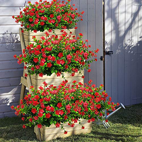 Grunyia 10 Bundles Artificial Fake Flowers, Faux Outdoor Plastic Plants UV Resistant Shrubs Outside Indoor Decorations (Red-Eucalyptus)