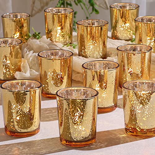 DEVI Gold Votive Candle Holders 24pcs, Mercury Glass Tealight Candle Holder, Gold Wedding Centerpieces for Table Decorations, Gold Party Bridal Shower Decorations