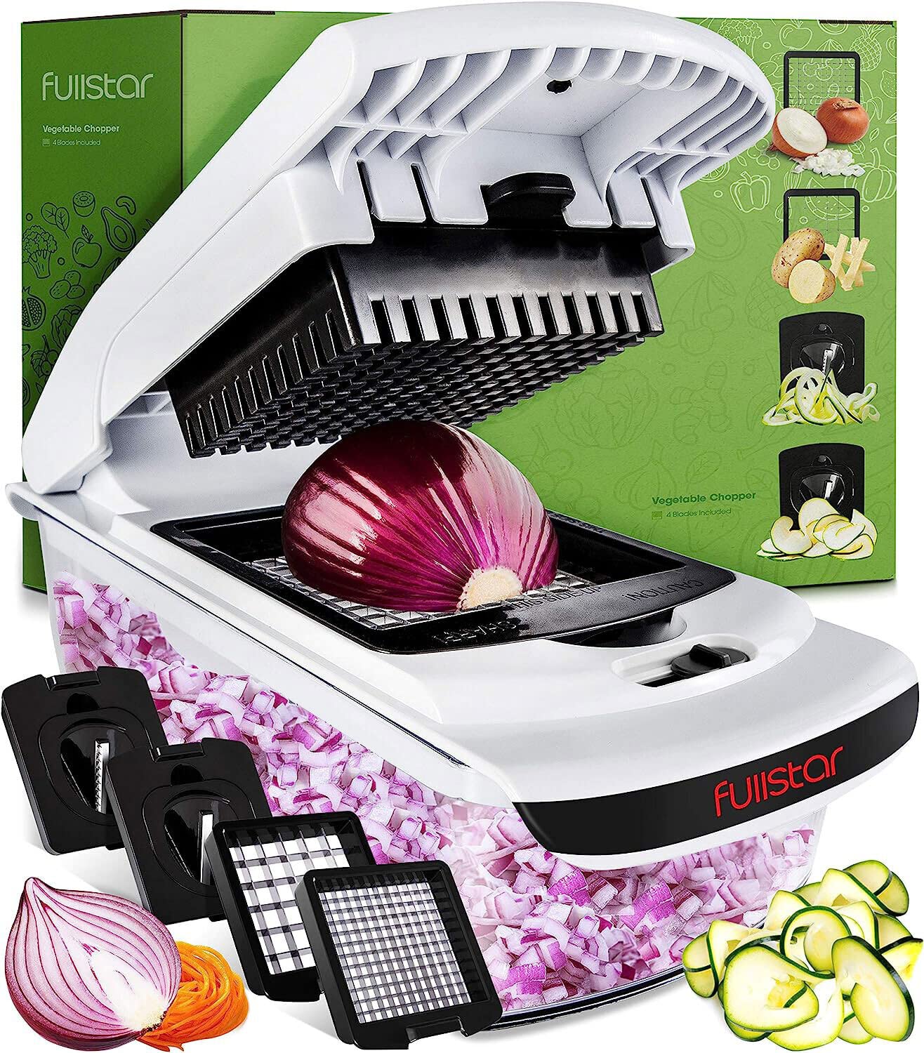 Fullstar Vegetable Chopper - Spiralizer Vegetable Slicer - Onion Chopper with Container - Pro Food Chopper -  Slicer Dicer Cutter - (4 in 1, White)