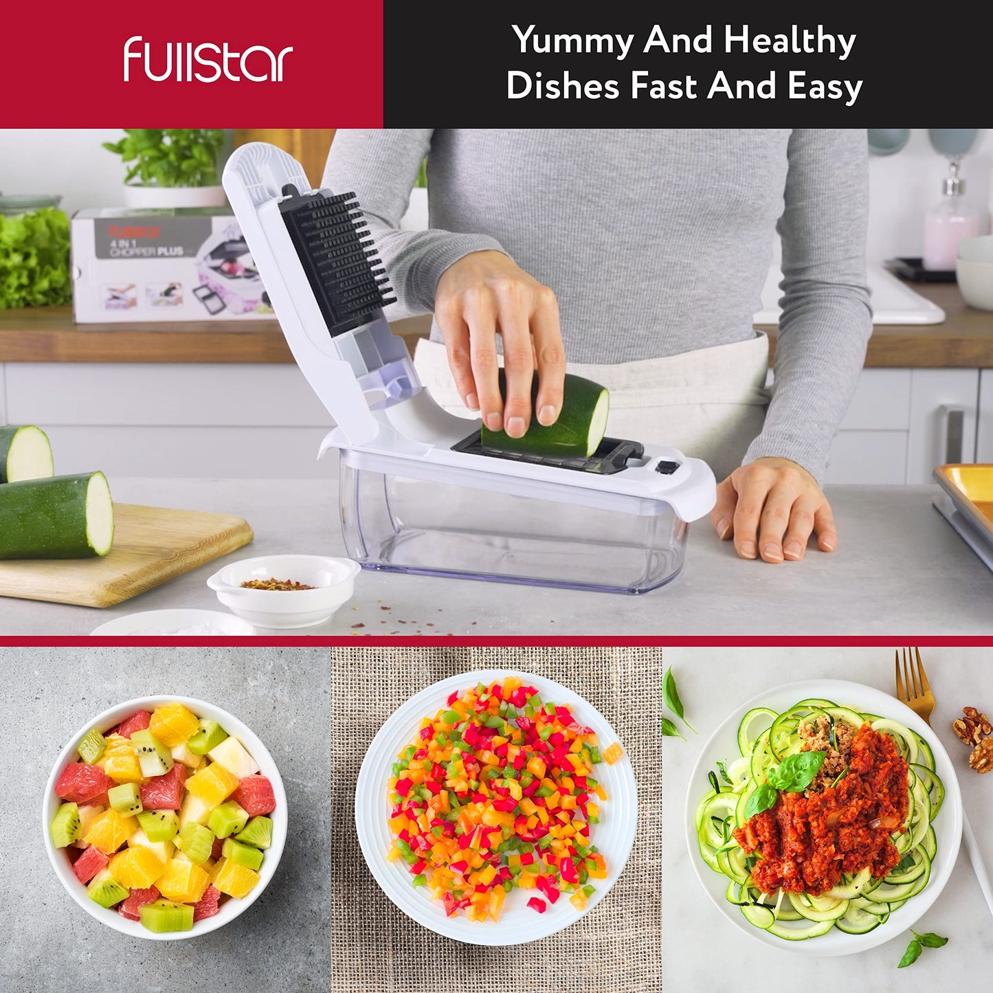 Fullstar Vegetable Chopper - Spiralizer Vegetable Slicer - Onion Chopper with Container - Pro Food Chopper -  Slicer Dicer Cutter - (4 in 1, White)